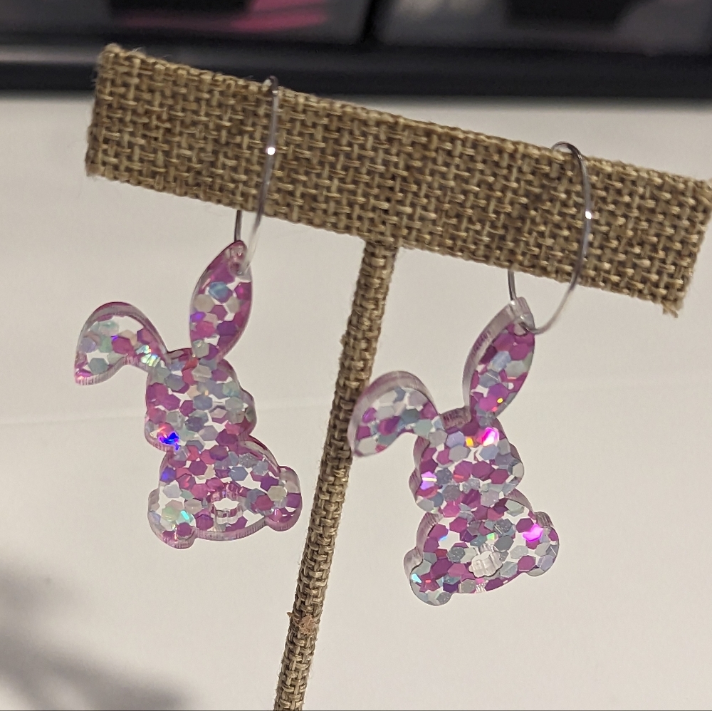 Easter Bunny Clear Pink Glitter Acrylic Dangle Earrings New!